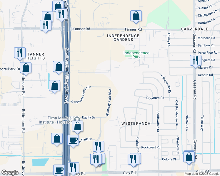 map of restaurants, bars, coffee shops, grocery stores, and more near 5060 Westway Park Boulevard in Houston