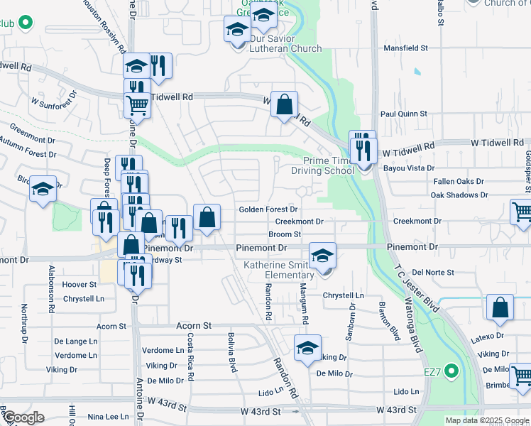 map of restaurants, bars, coffee shops, grocery stores, and more near 4936 Creekmont Drive in Houston