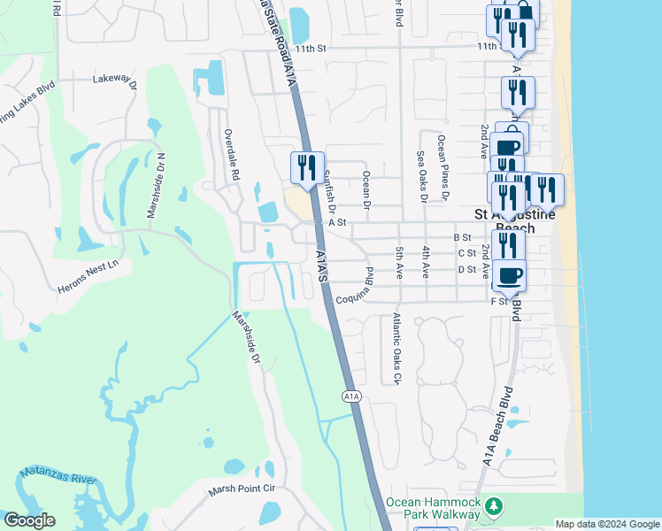 map of restaurants, bars, coffee shops, grocery stores, and more near 2900 A1A South in St. Augustine