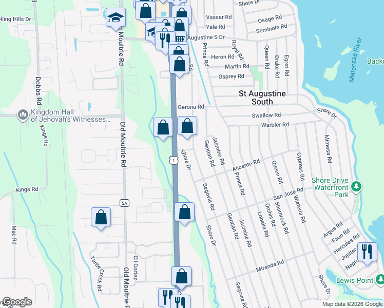 map of restaurants, bars, coffee shops, grocery stores, and more near 308 Segovia Road in St. Augustine