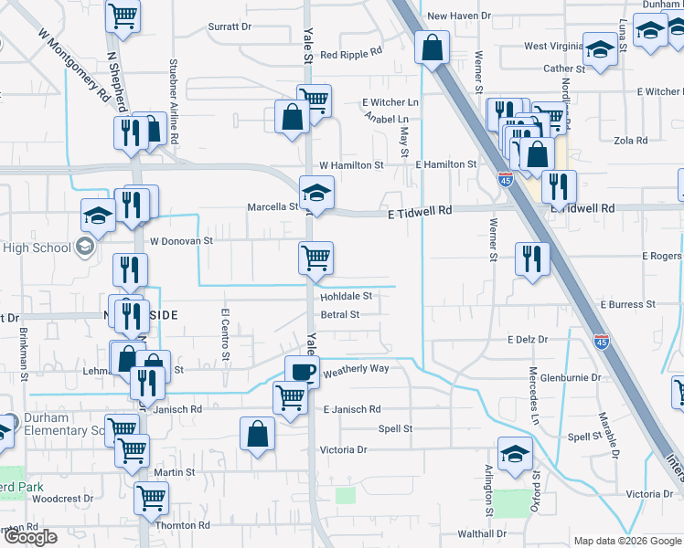 map of restaurants, bars, coffee shops, grocery stores, and more near 204 Leago Street in Houston