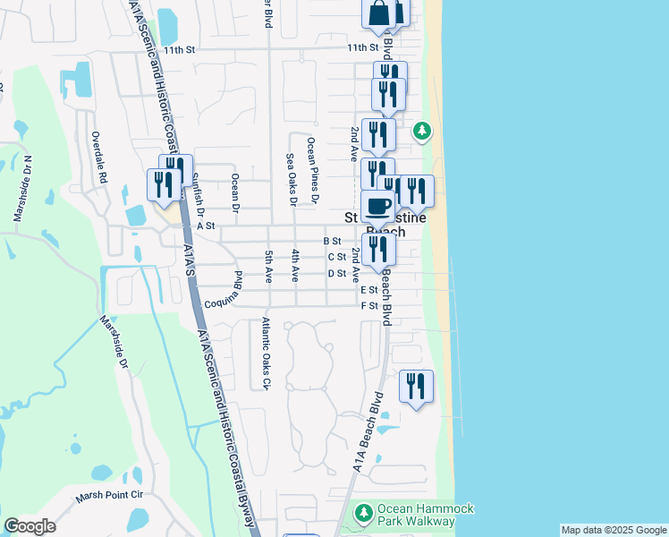 map of restaurants, bars, coffee shops, grocery stores, and more near 212 D Street in St. Augustine