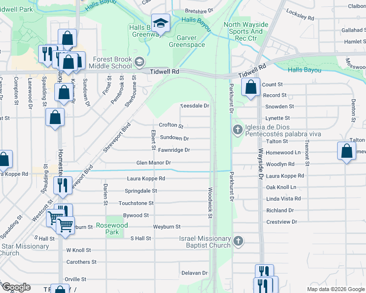 map of restaurants, bars, coffee shops, grocery stores, and more near 7531 Fawnridge Drive in Houston