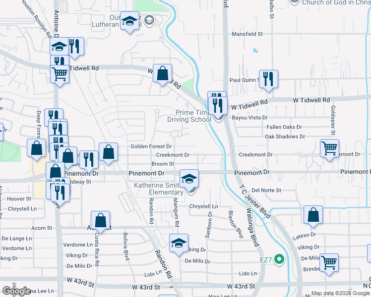 map of restaurants, bars, coffee shops, grocery stores, and more near 4816 Creekmont Drive in Houston