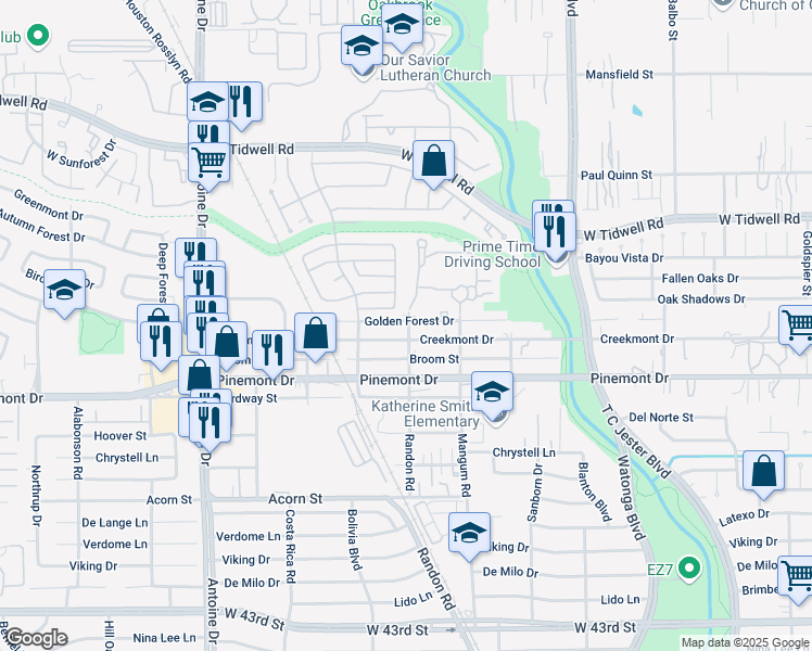 map of restaurants, bars, coffee shops, grocery stores, and more near 4936 Creekmont Drive in Houston
