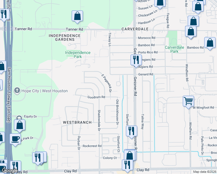 map of restaurants, bars, coffee shops, grocery stores, and more near 10326 Brickyard Court in Houston