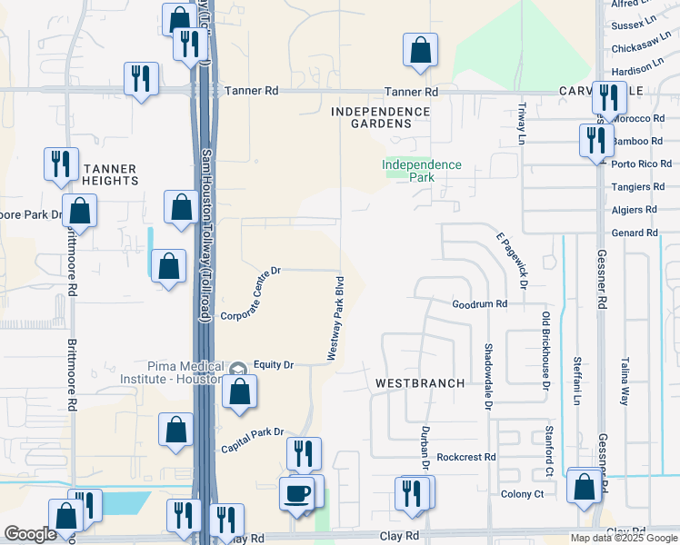 map of restaurants, bars, coffee shops, grocery stores, and more near 5150 Westway Park Blvd in Houston