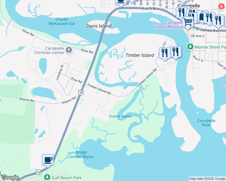 map of restaurants, bars, coffee shops, grocery stores, and more near 157 Timber Island Road in Carrabelle
