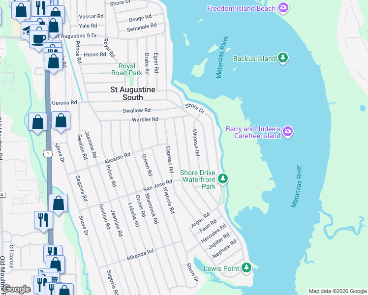 map of restaurants, bars, coffee shops, grocery stores, and more near 144 Linden Road in St. Augustine