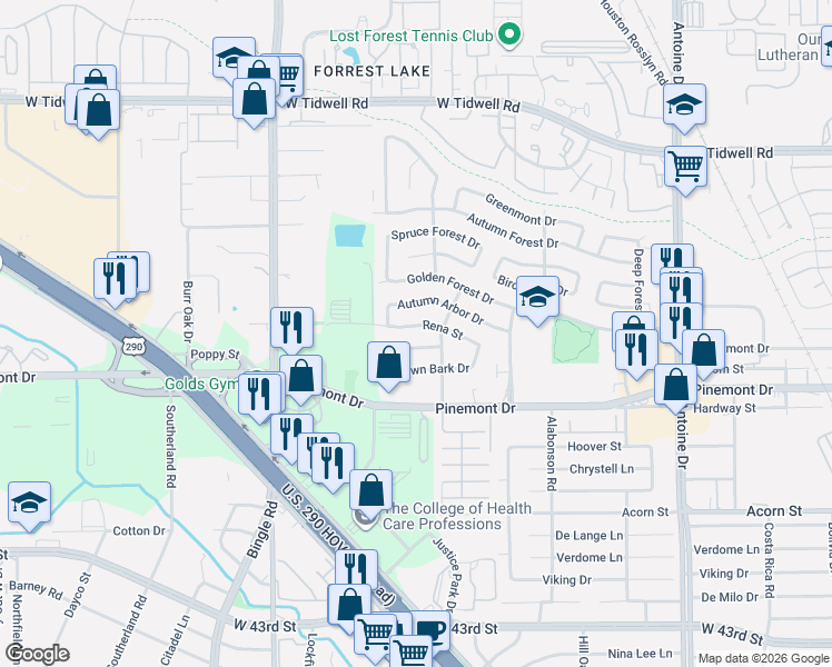 map of restaurants, bars, coffee shops, grocery stores, and more near 6234 Leaf Arbor Drive in Houston