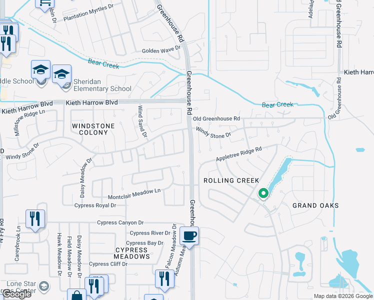 map of restaurants, bars, coffee shops, grocery stores, and more near 19103 Colony Grove Lane in Katy