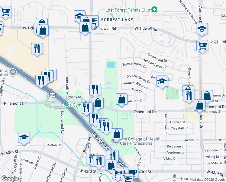 map of restaurants, bars, coffee shops, grocery stores, and more near 6530 Rena Street in Houston