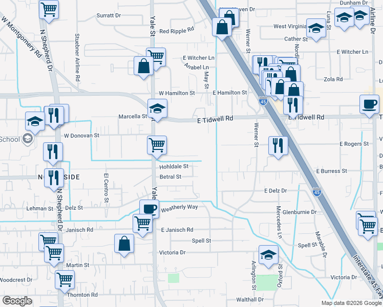 map of restaurants, bars, coffee shops, grocery stores, and more near 202 Leago Street in Houston