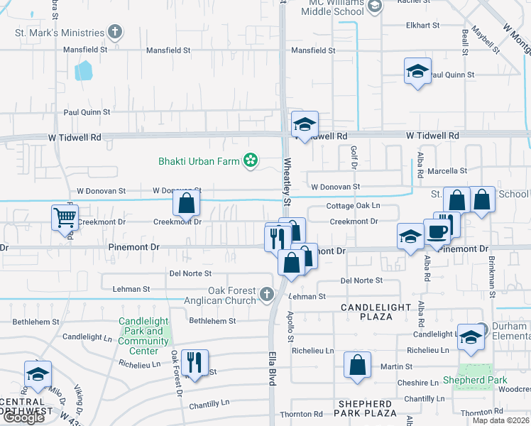 map of restaurants, bars, coffee shops, grocery stores, and more near 3326 Creekmont Drive in Houston