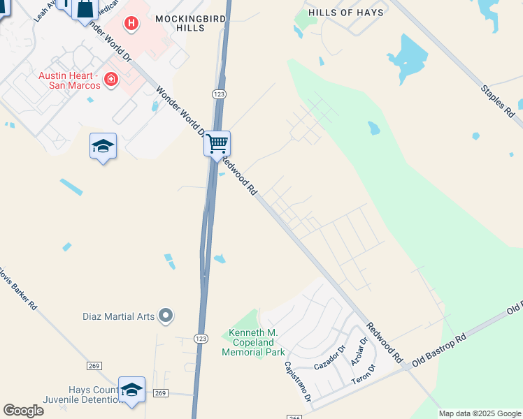 map of restaurants, bars, coffee shops, grocery stores, and more near 1890 Redwood Road in San Marcos