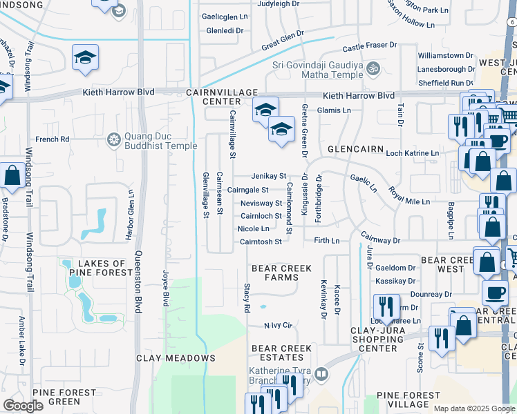 map of restaurants, bars, coffee shops, grocery stores, and more near 16938 Cairnloch Street in Houston