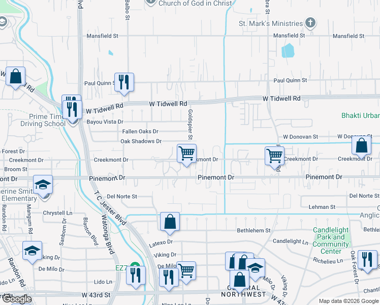 map of restaurants, bars, coffee shops, grocery stores, and more near 4200 Creekmont Drive in Houston