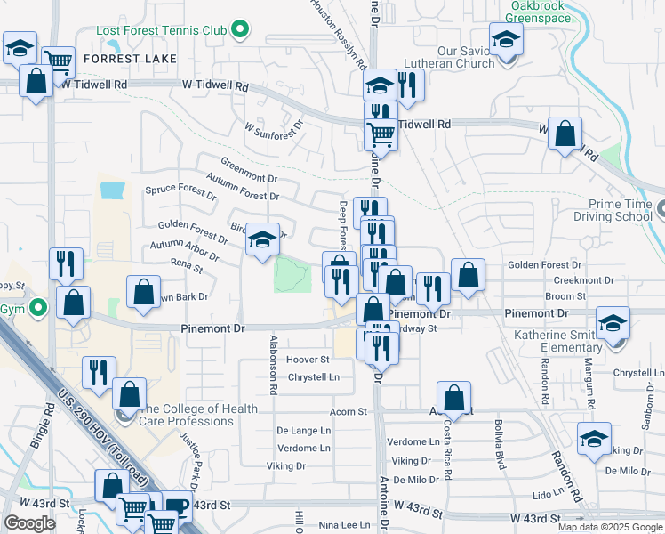 map of restaurants, bars, coffee shops, grocery stores, and more near 5355 Deep Forest Drive in Houston