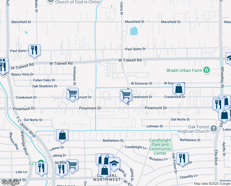 map of restaurants, bars, coffee shops, grocery stores, and more near 3938 Creekmont Drive in Houston