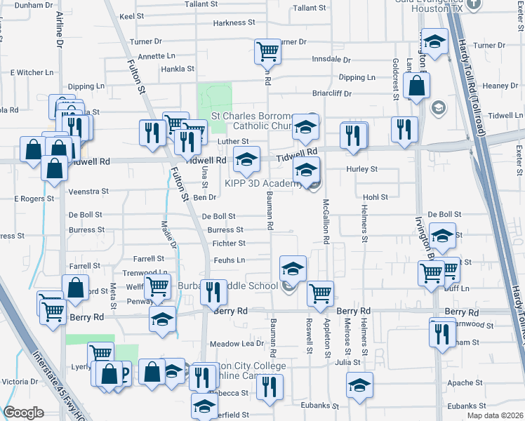 map of restaurants, bars, coffee shops, grocery stores, and more near 501 Tidwell Road in Houston