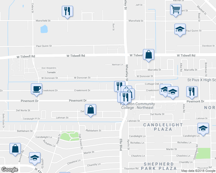 map of restaurants, bars, coffee shops, grocery stores, and more near 3404 Creekmont Drive in Houston
