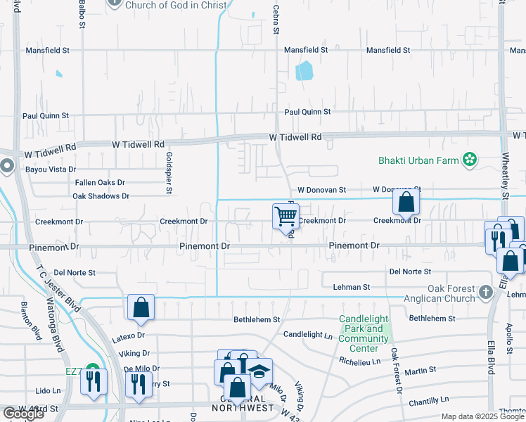 map of restaurants, bars, coffee shops, grocery stores, and more near 3938 Creekmont Drive in Houston
