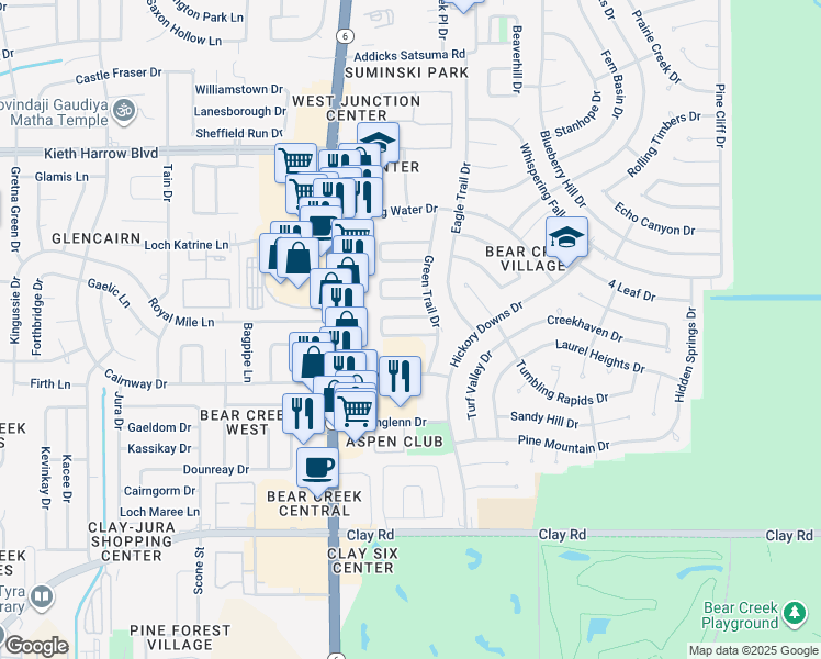 map of restaurants, bars, coffee shops, grocery stores, and more near 16035 Hidden Acres Drive in Houston