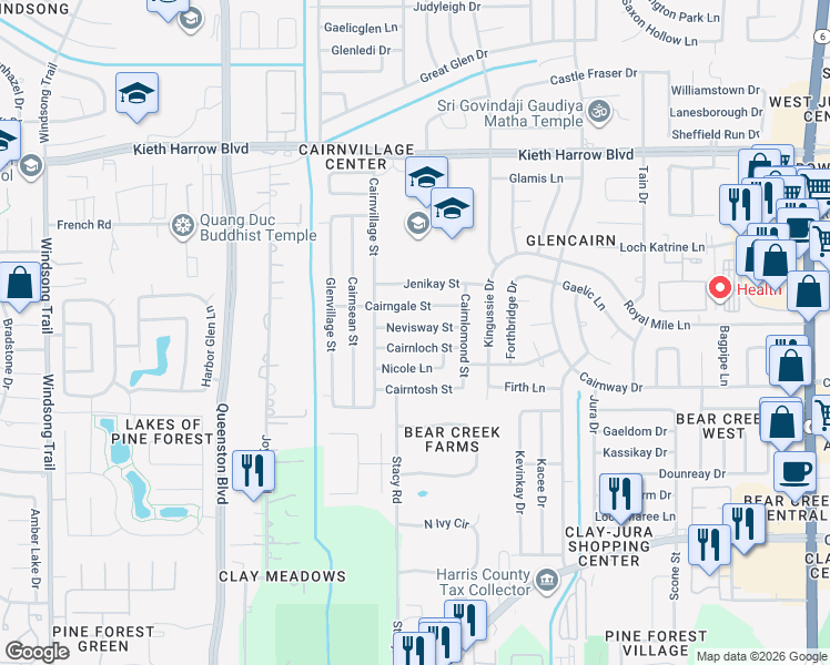 map of restaurants, bars, coffee shops, grocery stores, and more near 16938 Cairnloch Street in Houston