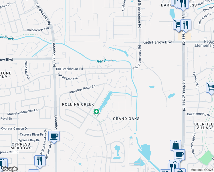 map of restaurants, bars, coffee shops, grocery stores, and more near 18539 Appletree Ridge Road in Houston