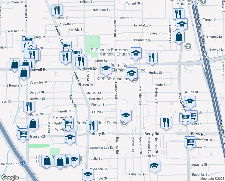 map of restaurants, bars, coffee shops, grocery stores, and more near 501 Tidwell Road in Houston