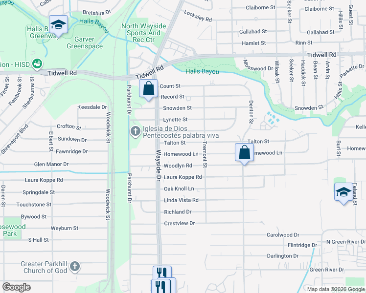 map of restaurants, bars, coffee shops, grocery stores, and more near 7929 Homewood Lane in Houston