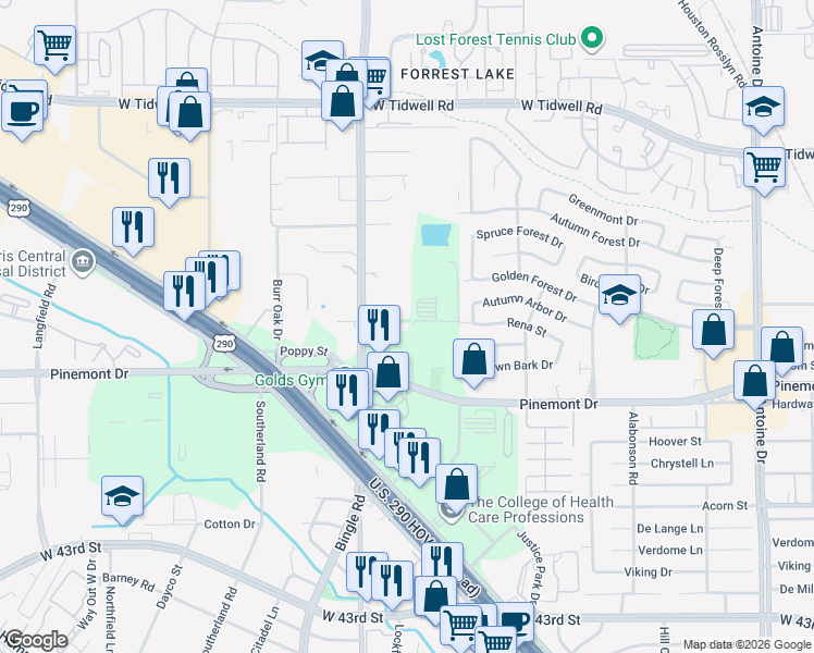map of restaurants, bars, coffee shops, grocery stores, and more near 6612 Rena Street in Houston