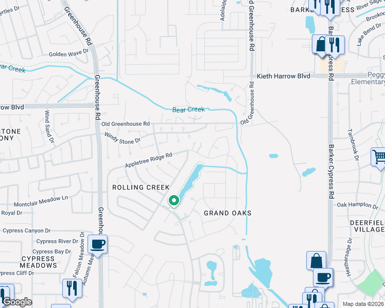 map of restaurants, bars, coffee shops, grocery stores, and more near 18539 Appletree Ridge Road in Houston