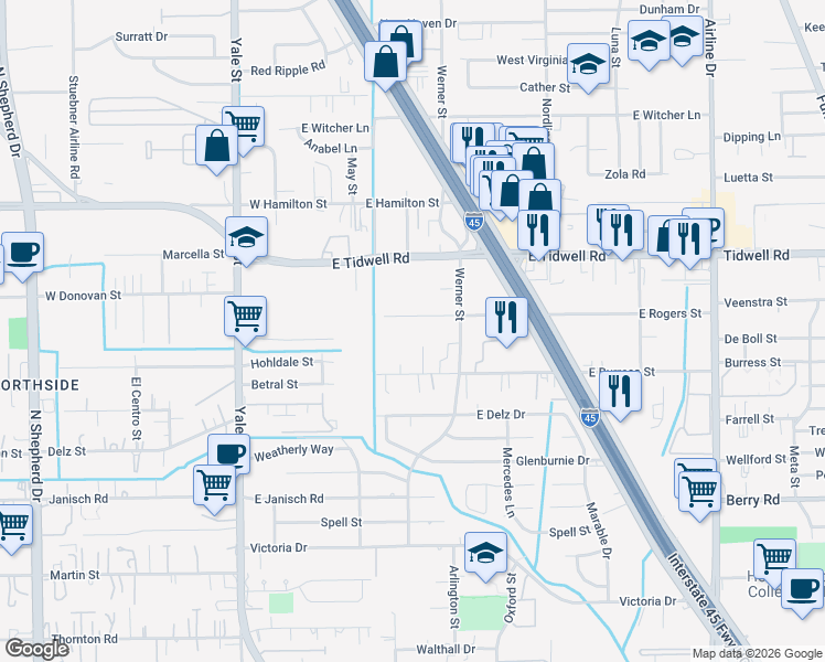 map of restaurants, bars, coffee shops, grocery stores, and more near 317 East Burress Street in Houston