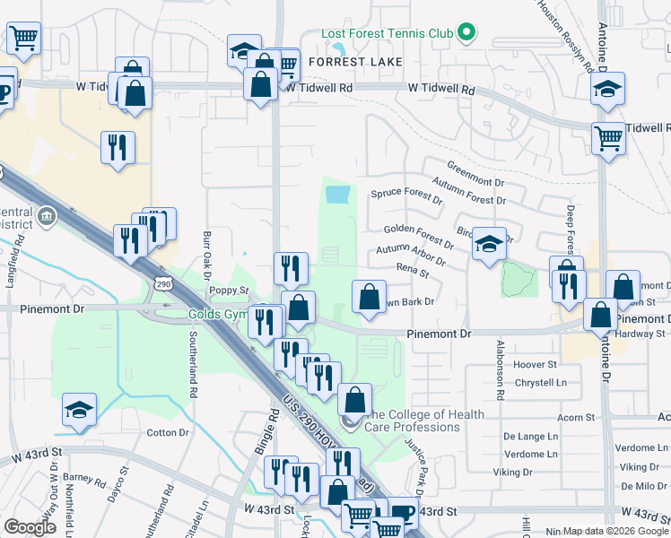 map of restaurants, bars, coffee shops, grocery stores, and more near 6530 Rena Street in Houston