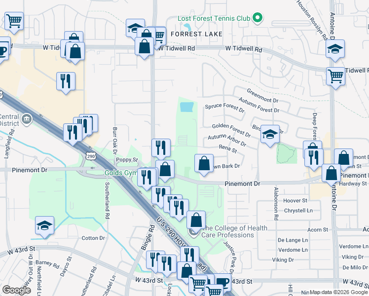 map of restaurants, bars, coffee shops, grocery stores, and more near 6530 Rena Street in Houston