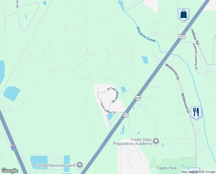 map of restaurants, bars, coffee shops, grocery stores, and more near 334 North Twin Maple Road in St. Augustine