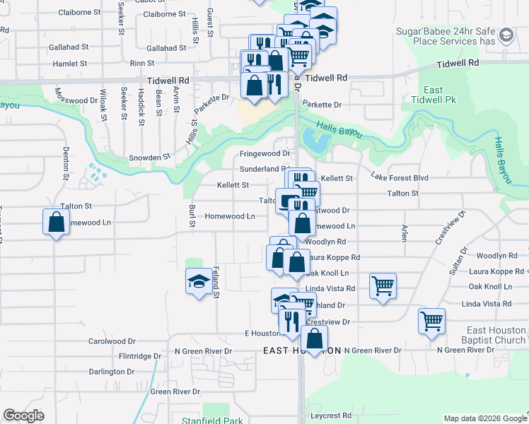 map of restaurants, bars, coffee shops, grocery stores, and more near 8622 Homewood Lane in Houston