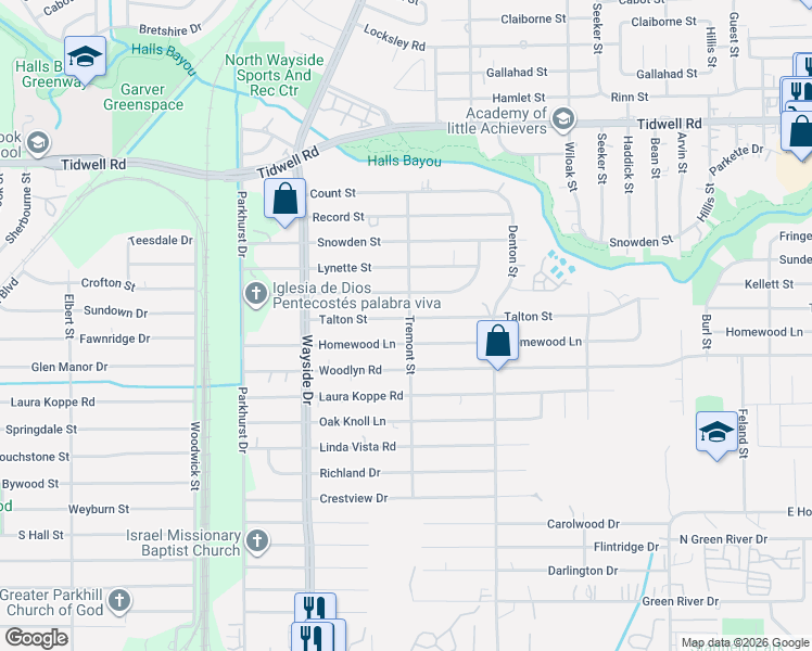 map of restaurants, bars, coffee shops, grocery stores, and more near 8105 Homewood Lane in Houston