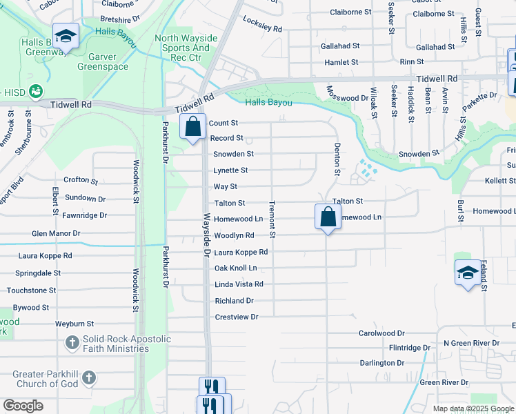 map of restaurants, bars, coffee shops, grocery stores, and more near 8017 Homewood Lane in Houston