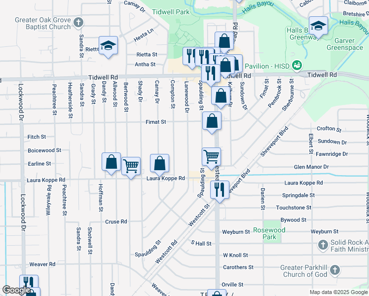 map of restaurants, bars, coffee shops, grocery stores, and more near 8920 Compton Street in Houston