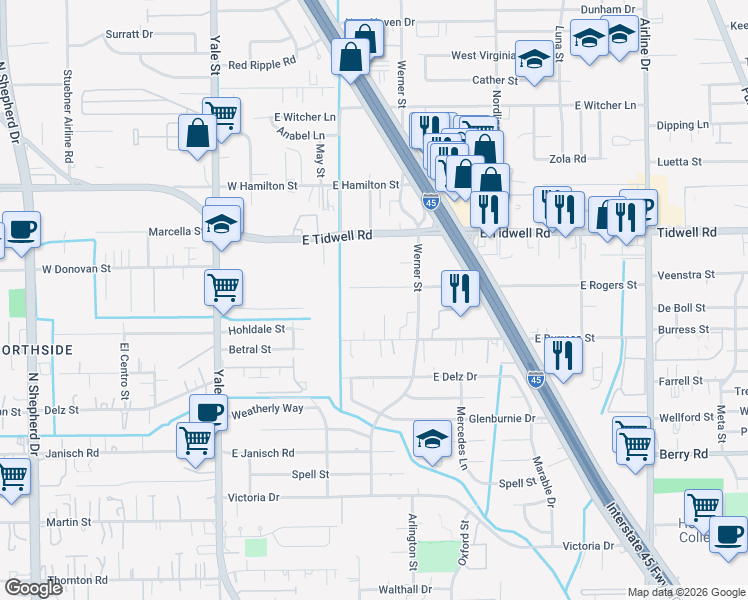 map of restaurants, bars, coffee shops, grocery stores, and more near 317 East Burress Street in Houston