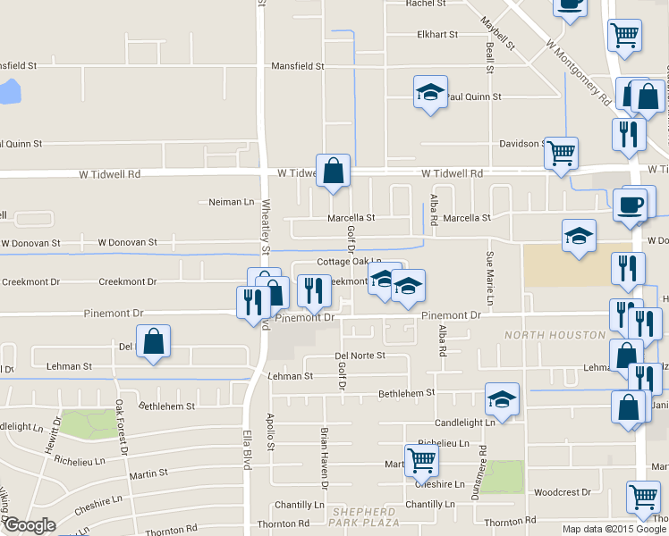 map of restaurants, bars, coffee shops, grocery stores, and more near 1114 Creekmont Drive in Houston