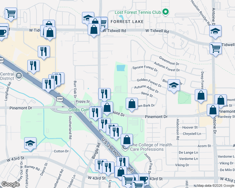map of restaurants, bars, coffee shops, grocery stores, and more near 6612 Rena Street in Houston