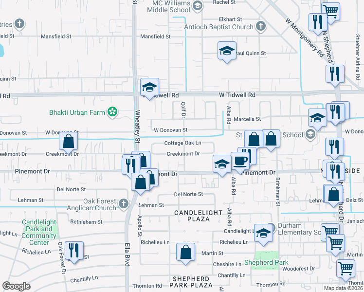 map of restaurants, bars, coffee shops, grocery stores, and more near 1103 Cottage Oak Lane in Houston