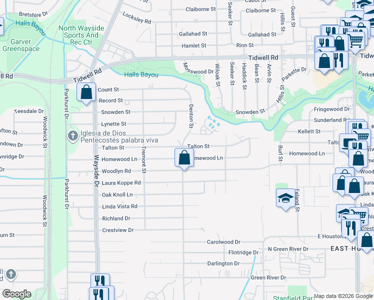 map of restaurants, bars, coffee shops, grocery stores, and more near 2801 Homewood Lane in Houston