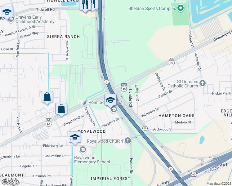map of restaurants, bars, coffee shops, grocery stores, and more near Texas 8 Beltway in Houston