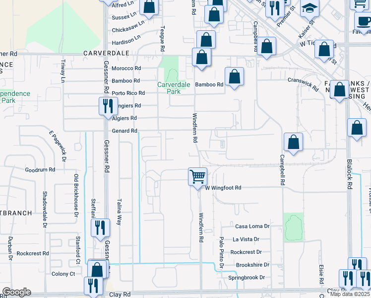 map of restaurants, bars, coffee shops, grocery stores, and more near 4949 Windfern Road in Houston
