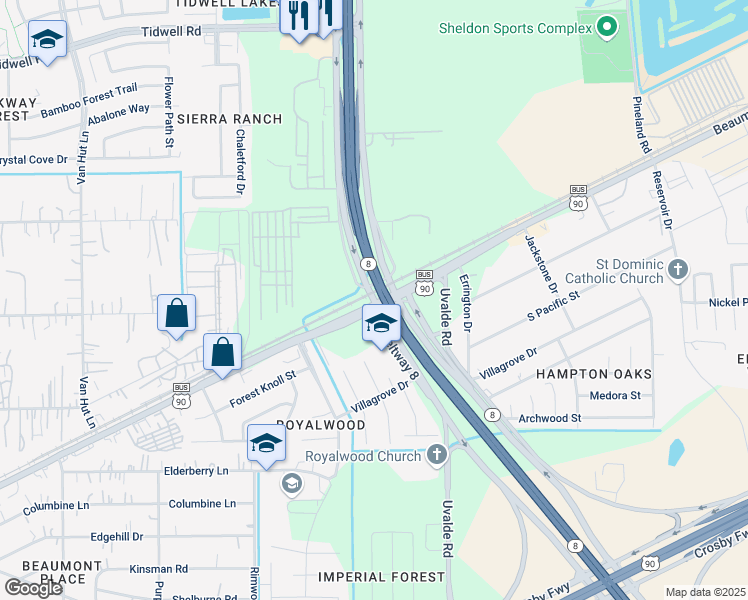 map of restaurants, bars, coffee shops, grocery stores, and more near Texas 8 Beltway in Harris County