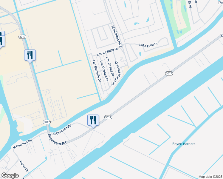 map of restaurants, bars, coffee shops, grocery stores, and more near 4165 Lac Couture Drive in Harvey